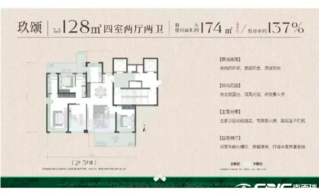 玖颂 128㎡ 四室两厅两卫户型图