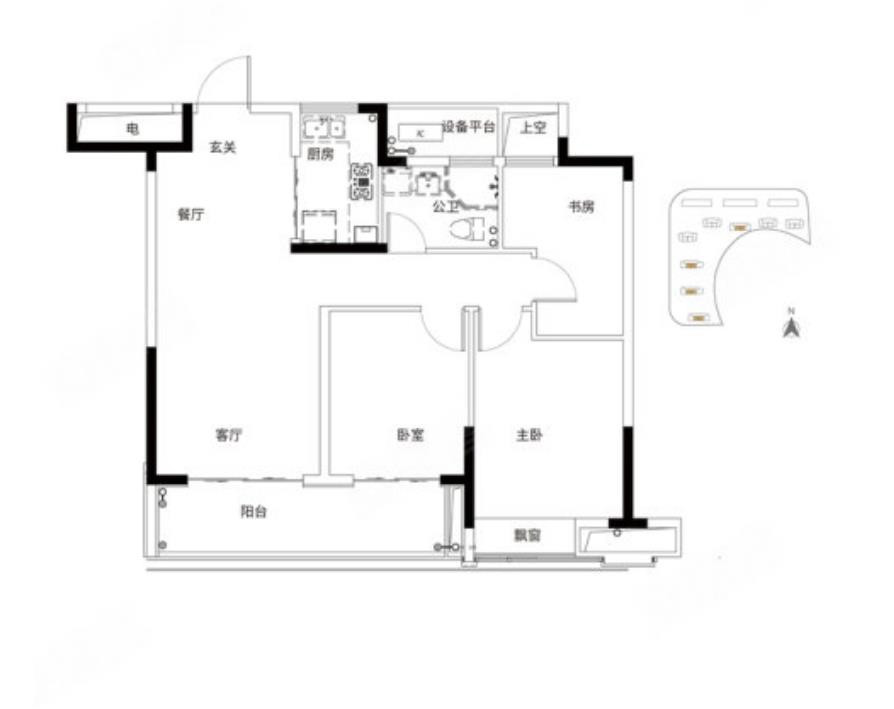 3室2厅1卫, 建面97.00平米户型图