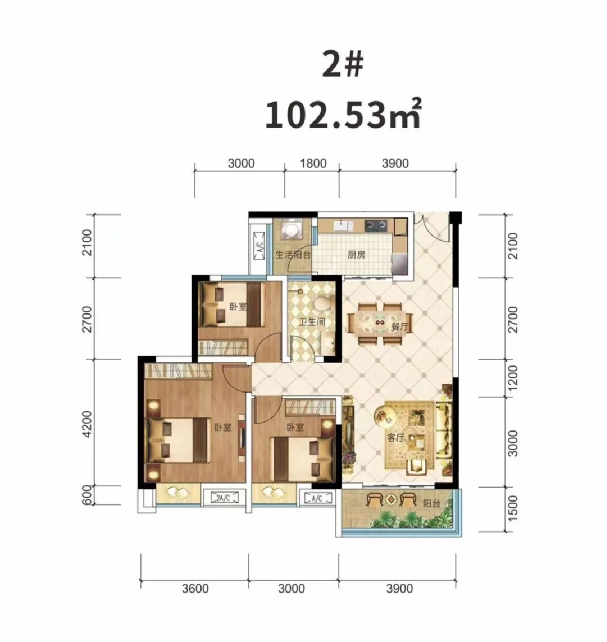 102.53㎡三房两厅一卫户型图