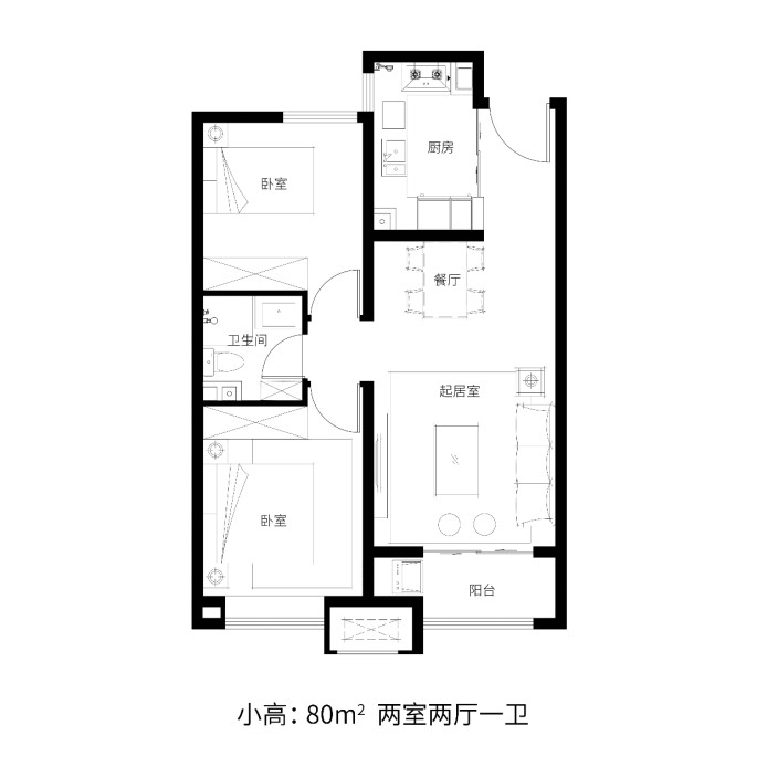 82㎡二室户型图