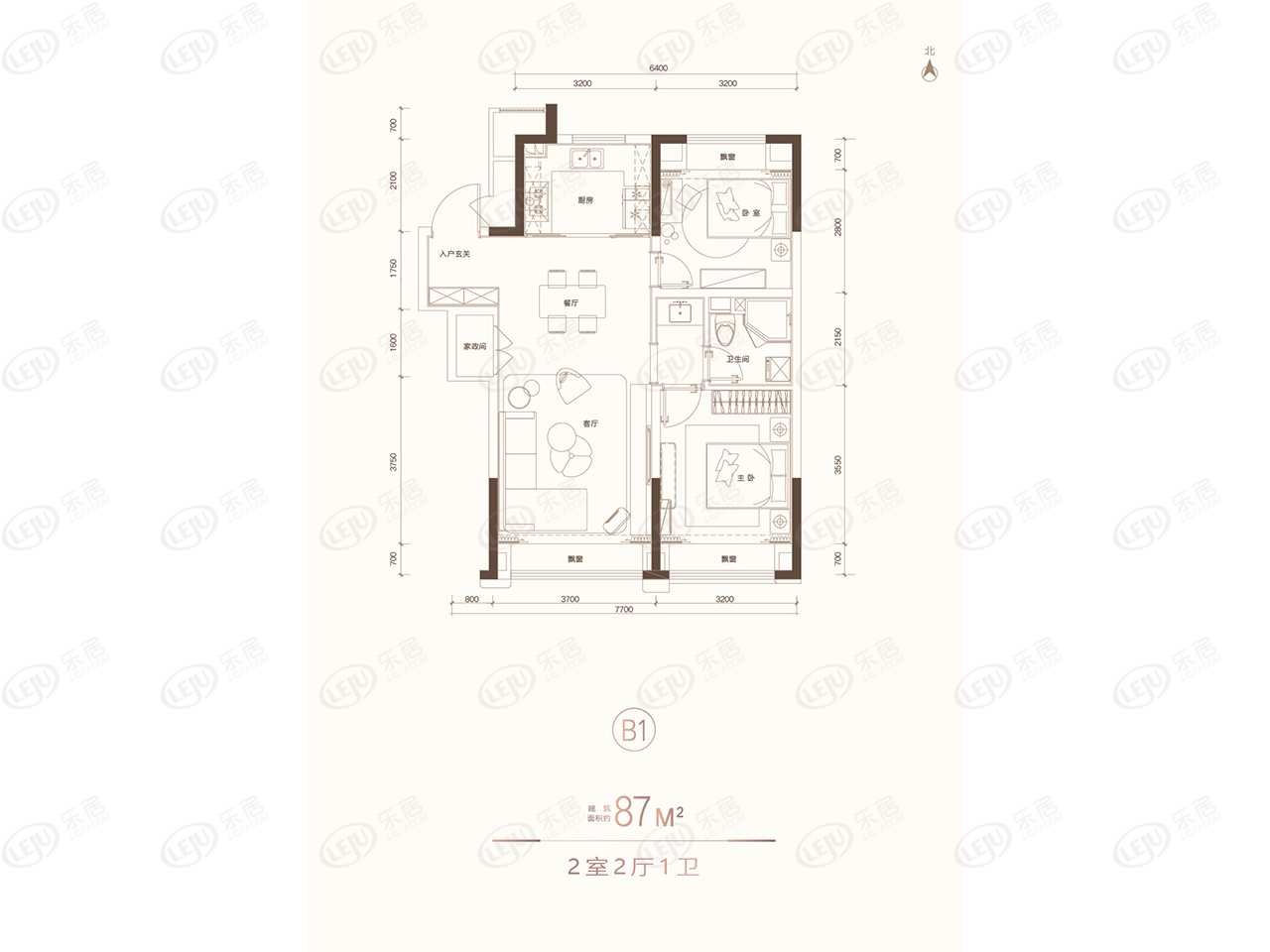 87平两室两厅一卫户型图