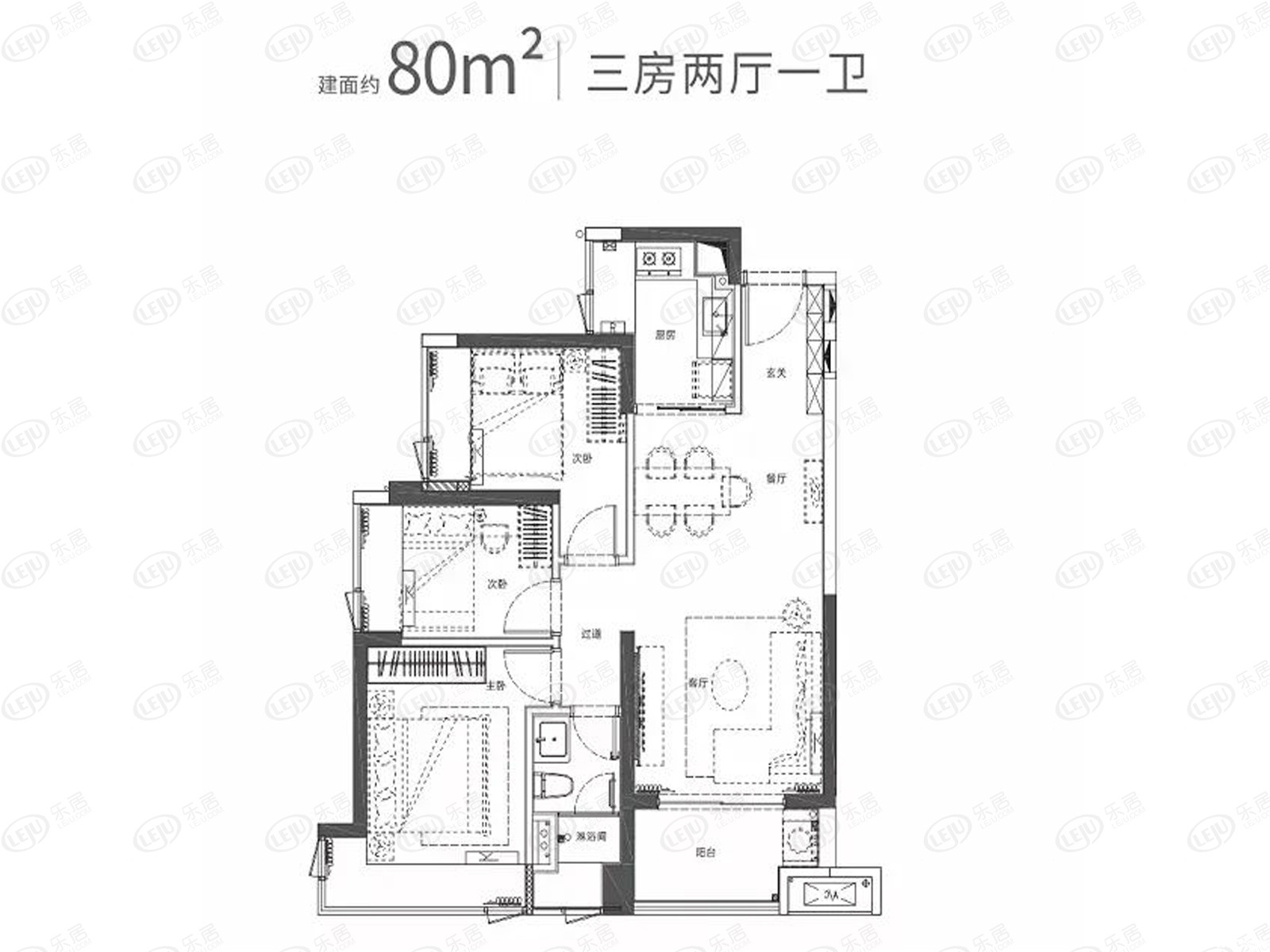 3室2厅1卫户型图