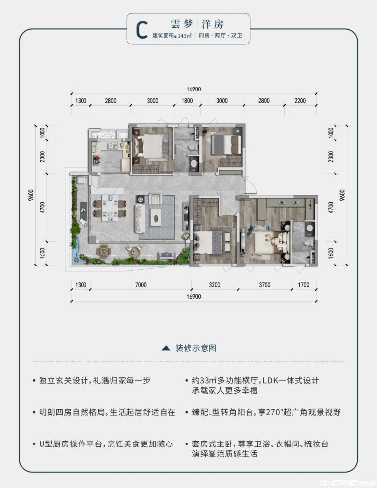 远洋雲海境143㎡四房两厅两卫户型图