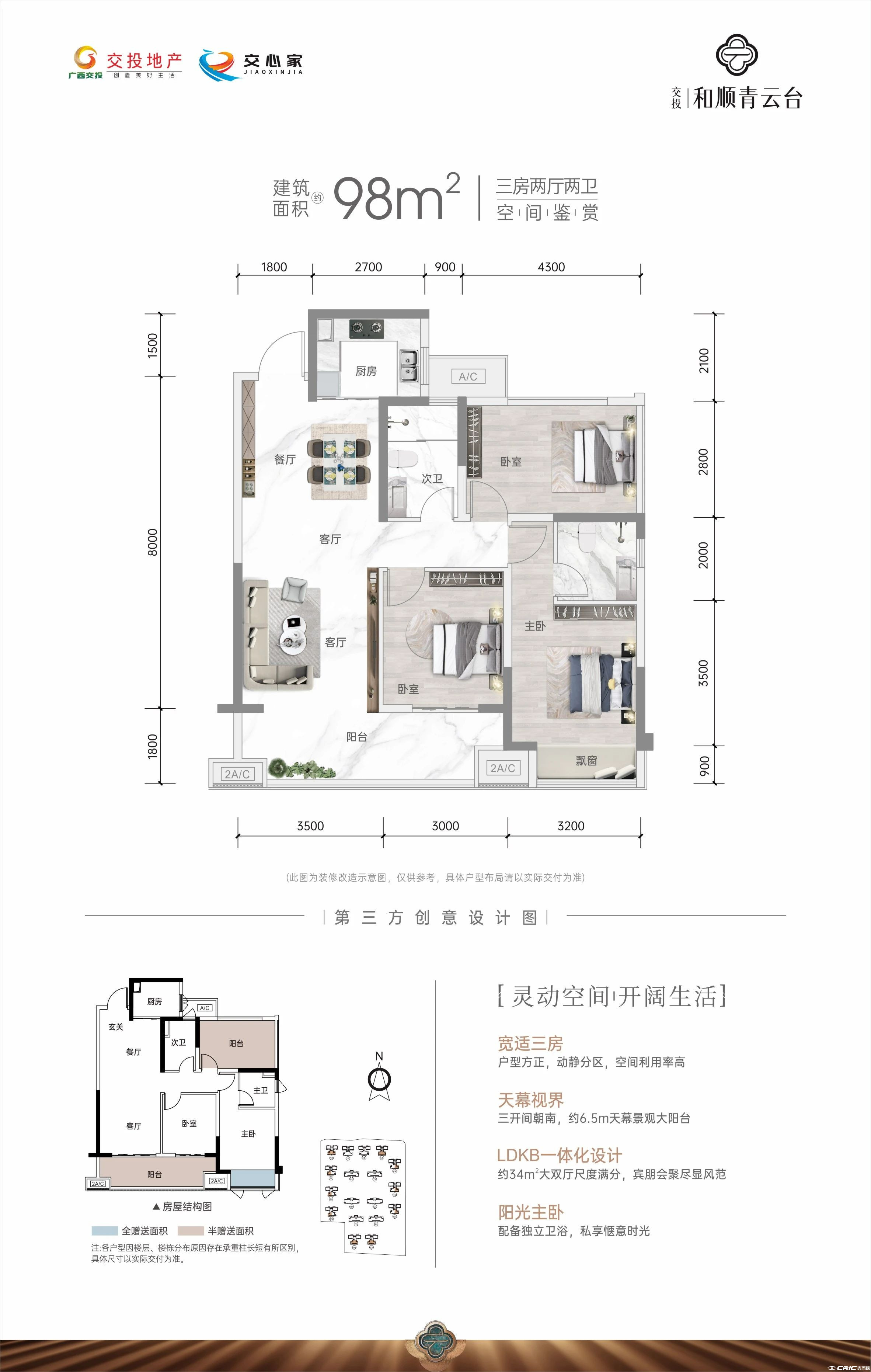 98平三房户型图