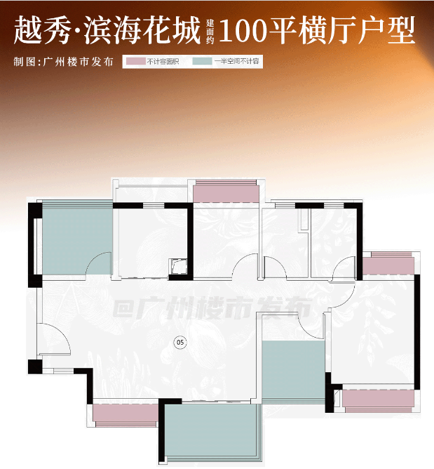 越秀·滨海花城 100平横厅户型户型图