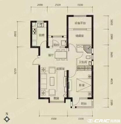 90㎡二室户型图