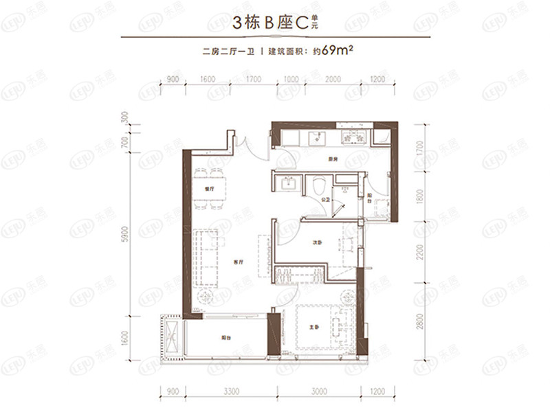 3栋B座C单元69㎡户型户型图