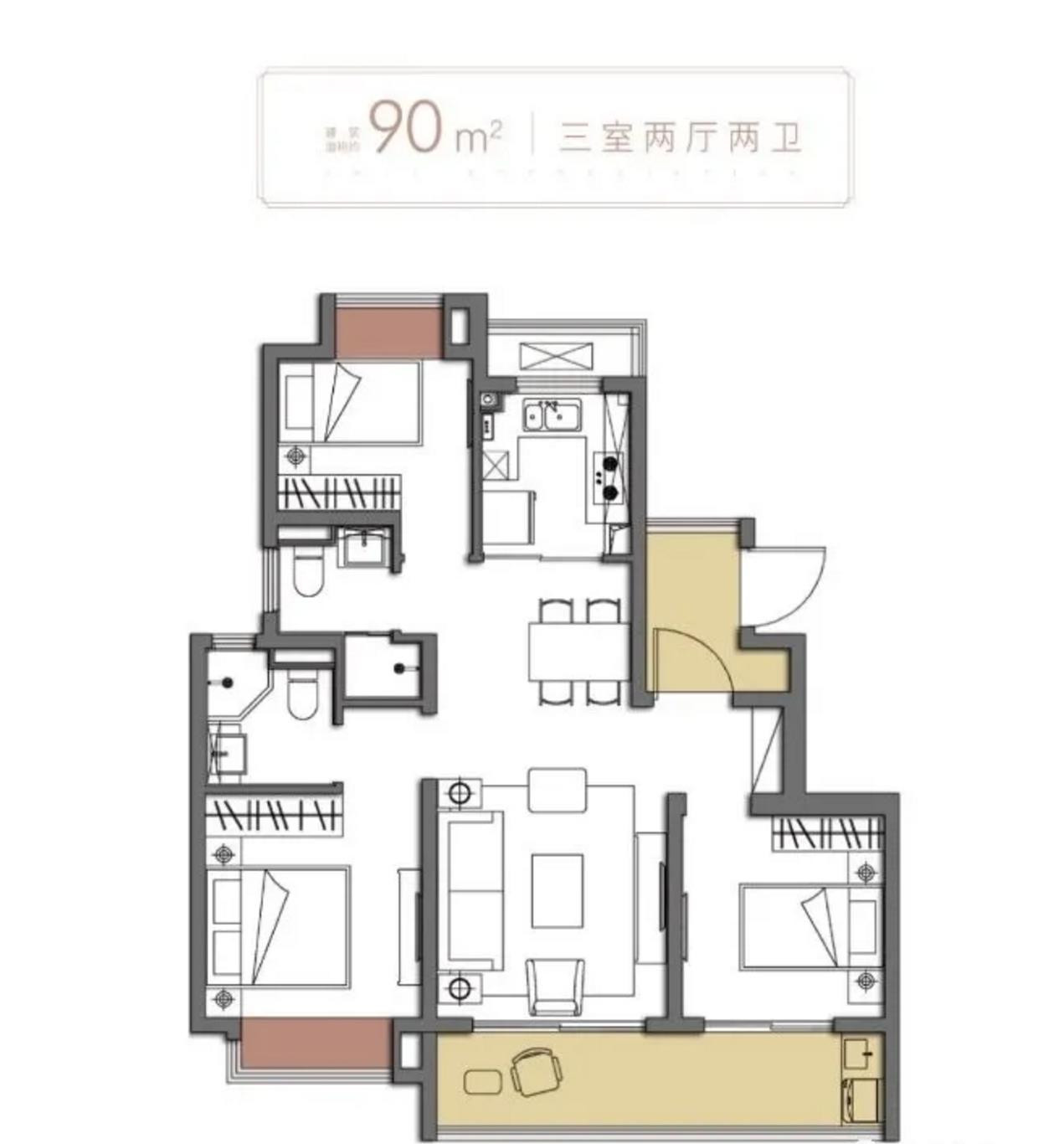 90㎡三室两厅两卫户型图