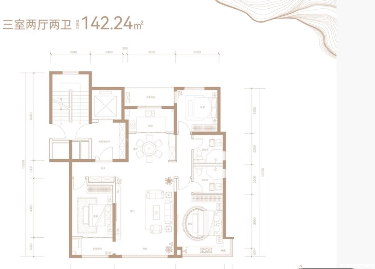 三室两厅两卫 约142㎡户型图