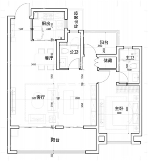 105㎡户型图-1室2厅2卫户型图