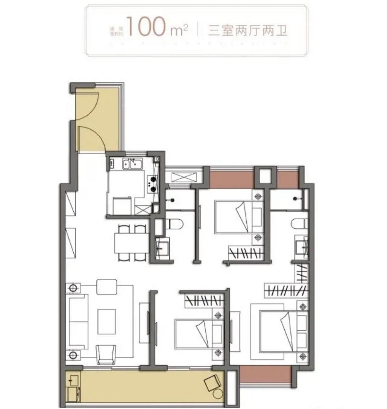 100㎡三室两厅两卫户型图