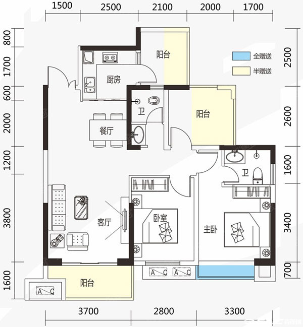 102㎡A户型2室户型图