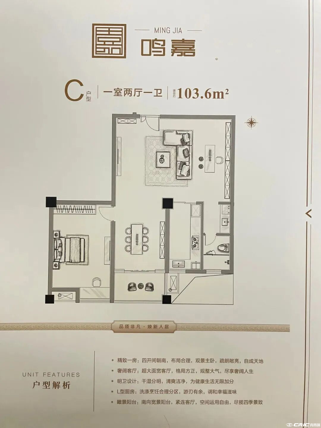 C户型 一室两厅一卫 约103.6㎡户型图