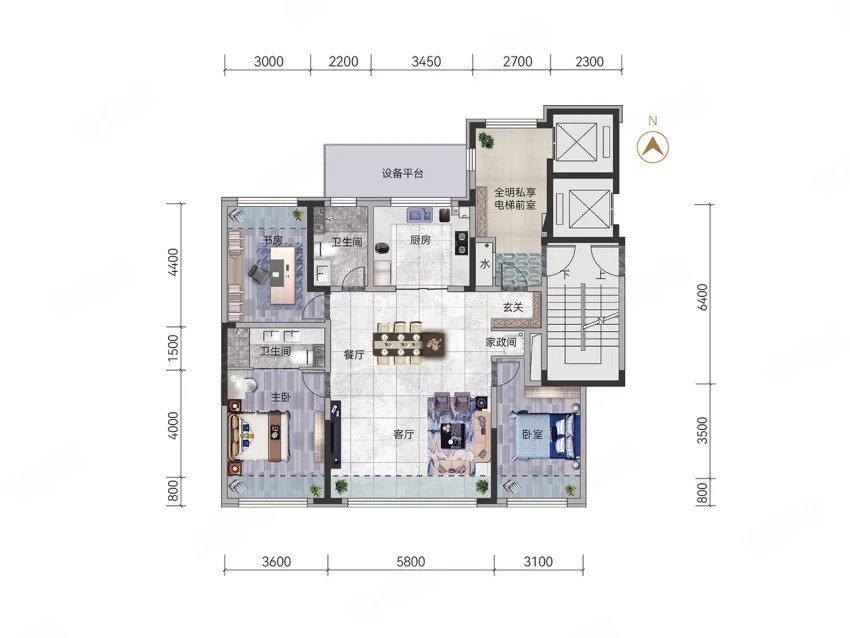 约140㎡,3室2厅2卫1厨户型图