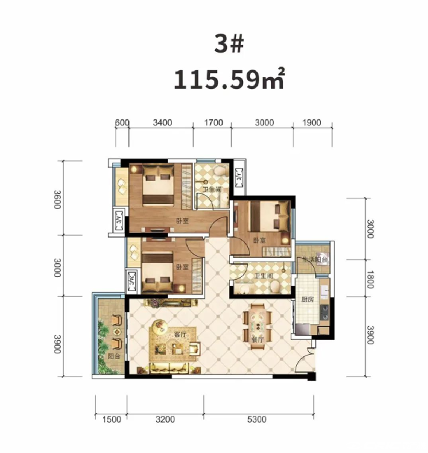 115.59㎡三房两厅两卫户型图