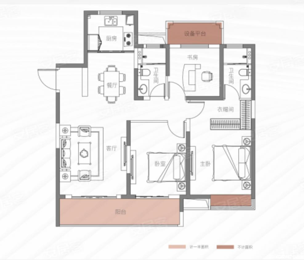 B户型, 3室2厅2卫1厨, 建筑面积约124.00平米户型图