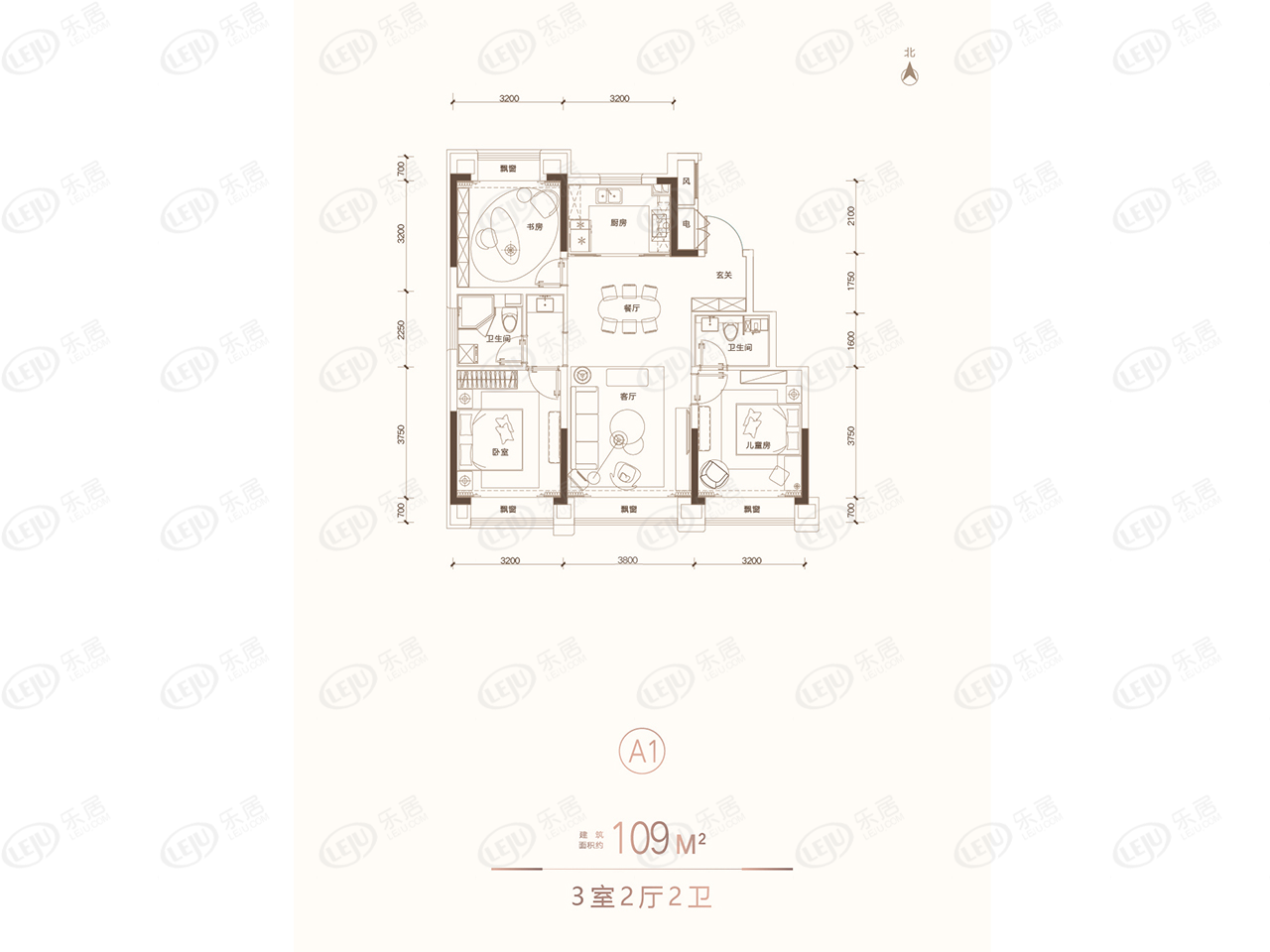 109平三室两厅两卫户型图