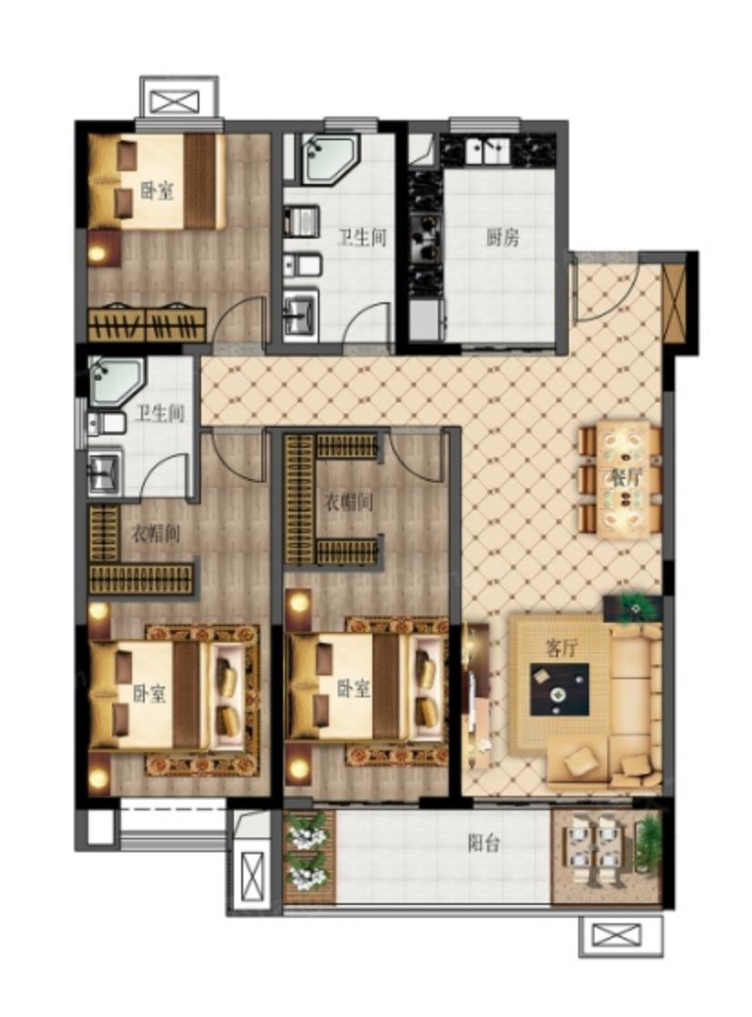 145㎡三室两厅两卫户型图