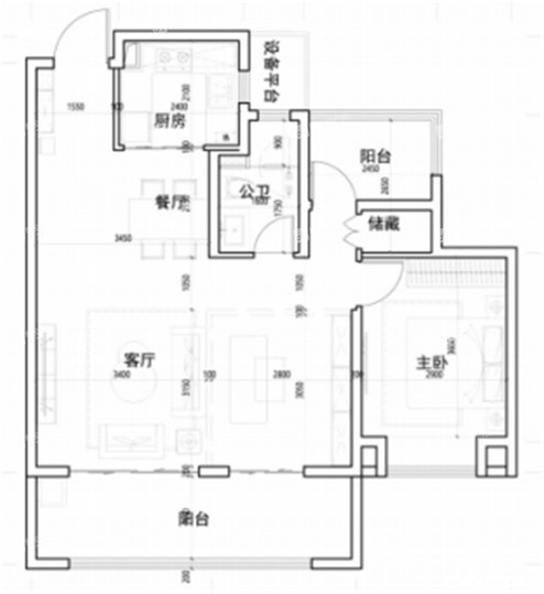 97㎡户型图-1室2厅1卫户型图